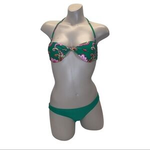 Recco Size Small Brazilian Green Paisley Bikini Top & Solid Bottom.New With Tags